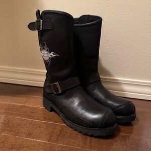 Harley-Davidson Men’s Silver Flame Black Leather Motorcycle Boots Size 10